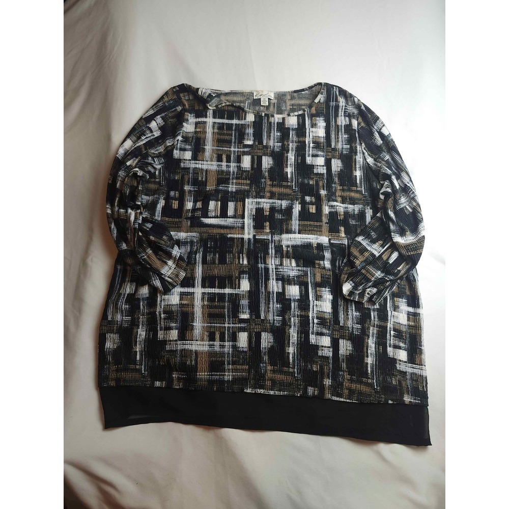Kim Rogers Woman 2X Blouse Abstract Geometric Plisse 3/4 Sleeve Layered Hem Top
